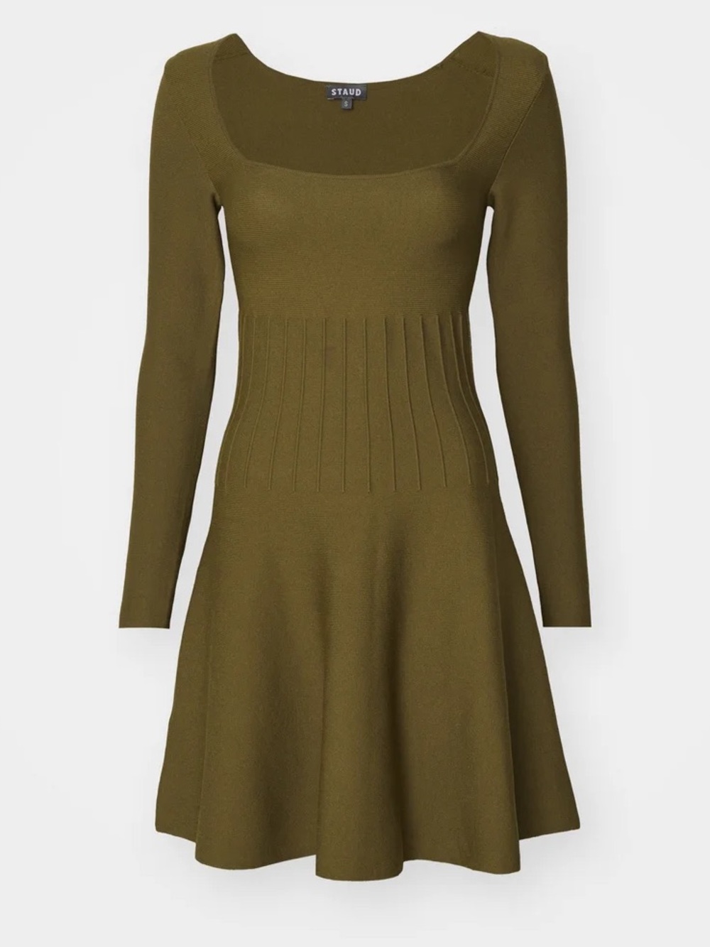 STAUD Deora Olive Green Square-Neck Long-Sleeve Knit Mini Dress